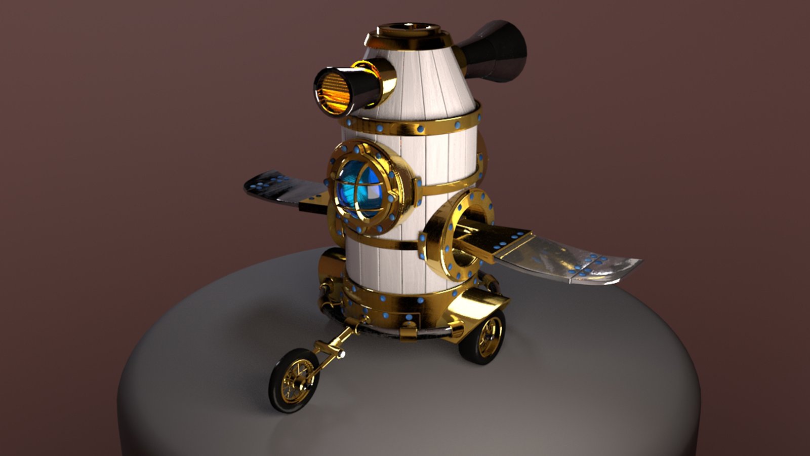 360-degree view of custom-designed flying barrel spacecraft - 3D model showcase